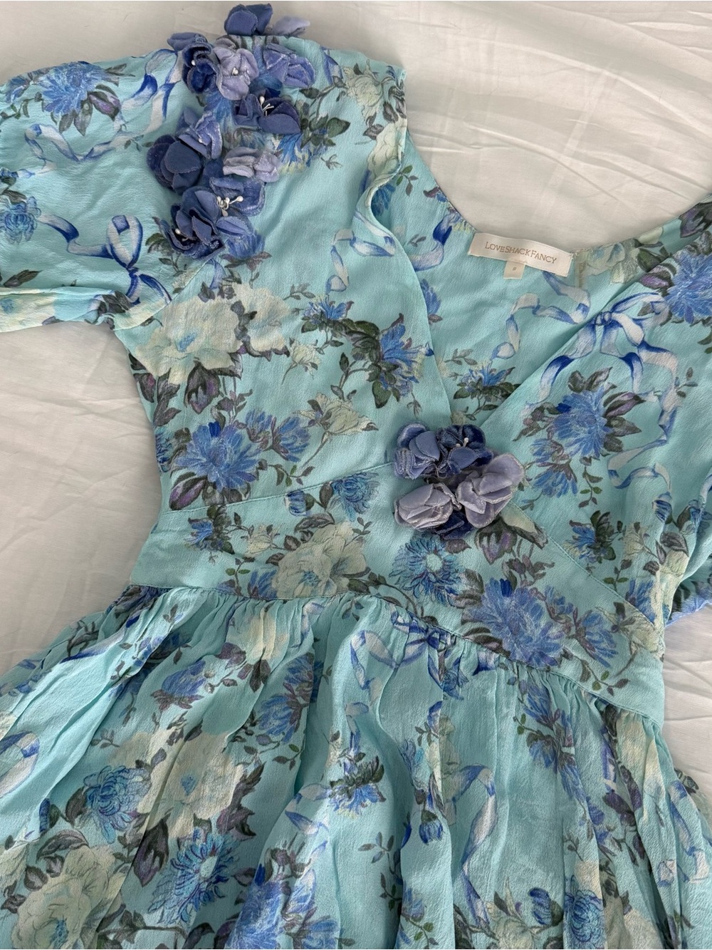 LoveShackFancy Powder Blue Floral Ruffle Mini Dress - Picture 2 of 8